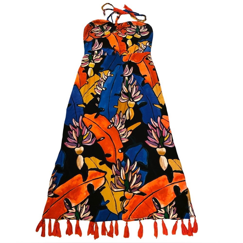 FARM Rio Halter Cover-Up Maxi Dress Floral Tassel Resort Maxi Summer Vacation M - Picture 7 of 12